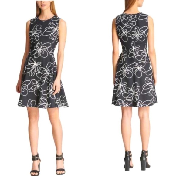 DKNY Floral Fit & Flare Dress with Pockets Black - Picture 1 of 15